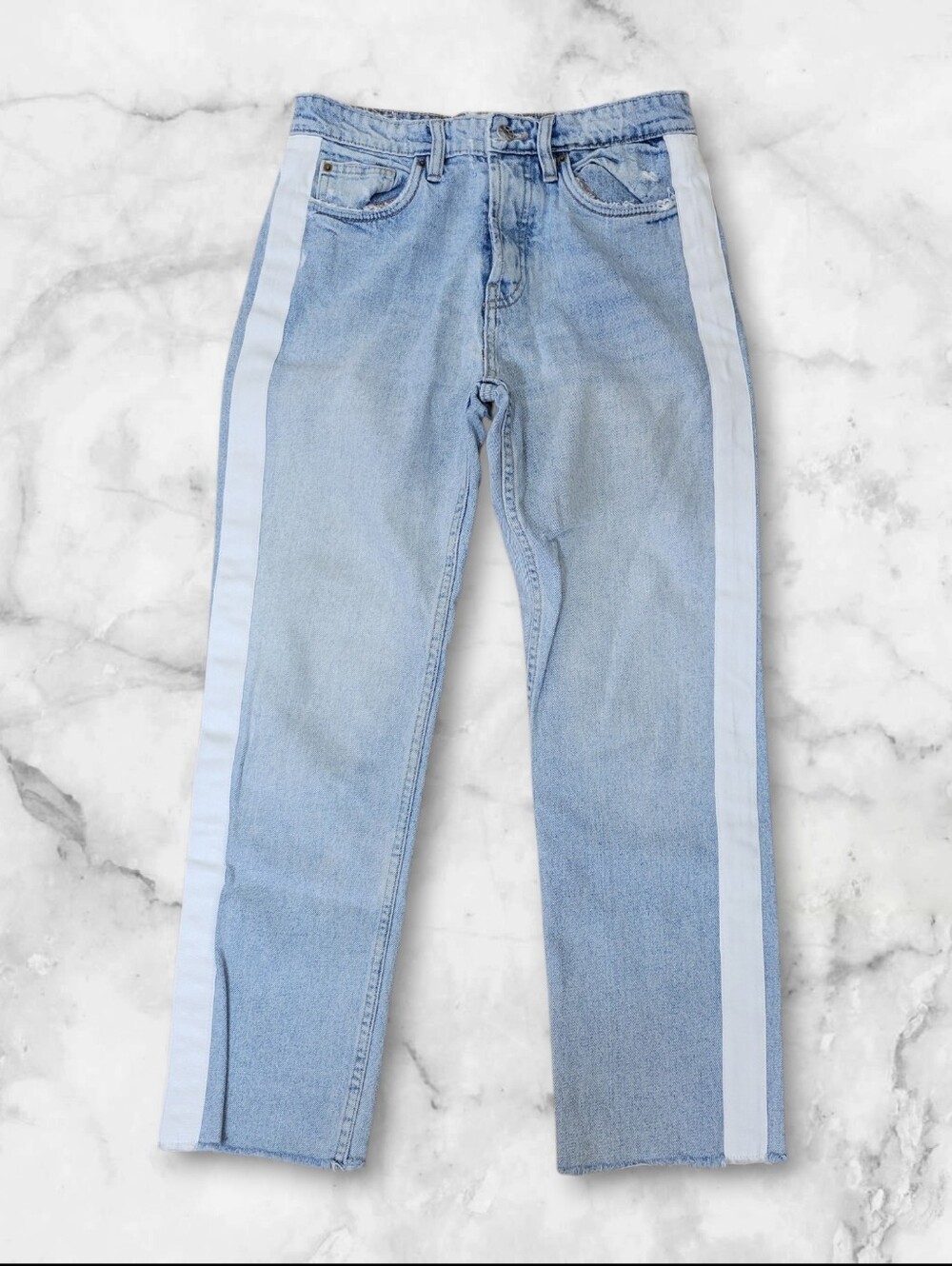 Zara TRF Authentic Denim Light Wash Side Stripe Straight Leg Jeans Raw Hem